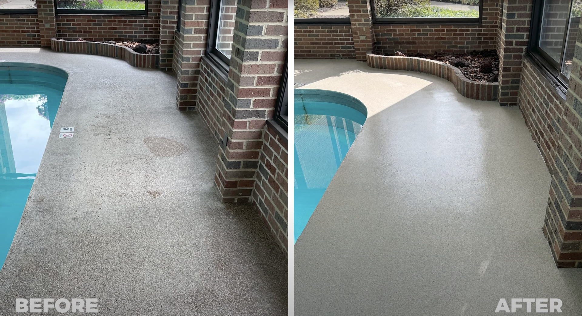 Before and after concrete pool deck resurfacing showing dramatic improvement
